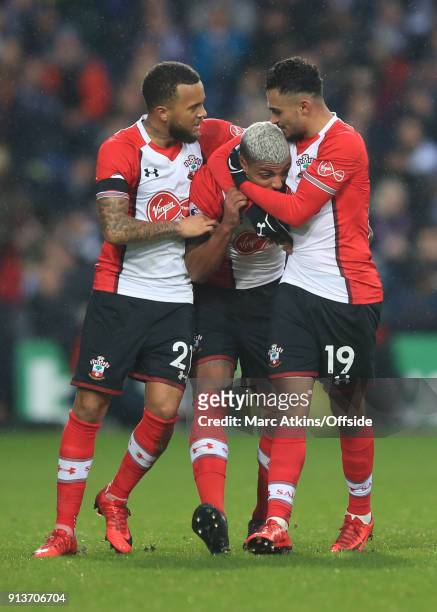 Mario Lemina of Southampton celebrates scoring the equalising goal with Sofiane Boufal and Ryan Bertrand during the Premier League match between West...