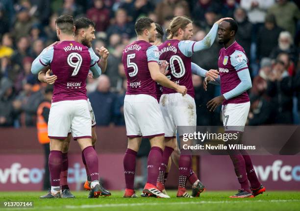 Scott Hogan of Aston Villa scores for Aston Villa during the Sky Bet Championship match between Aston Villa and Burton Albion at Villa Park on...