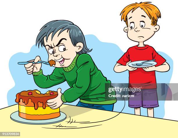 gieriger cartoon junge wollte nicht seinen kuchen teilen - egoismus stock-grafiken, -clipart, -cartoons und -symbole