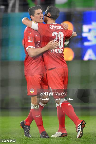 Mario Gomez of Stuttgart celebrates with Christian Gentner of Stuttgart after he scored a goal to make it 1:1 during the Bundesliga match between VfL...