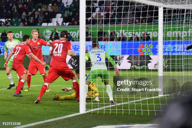 Mario Gomez of Stuttgart scores a goal to make it 1:1 during the Bundesliga match between VfL Wolfsburg and VfB Stuttgart at Volkswagen Arena on...