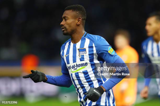 Salomon Kalou of Berlin celebrates after he scored a goal to make it 1:1 during the Bundesliga match between Hertha BSC and TSG 1899 Hoffenheim at...