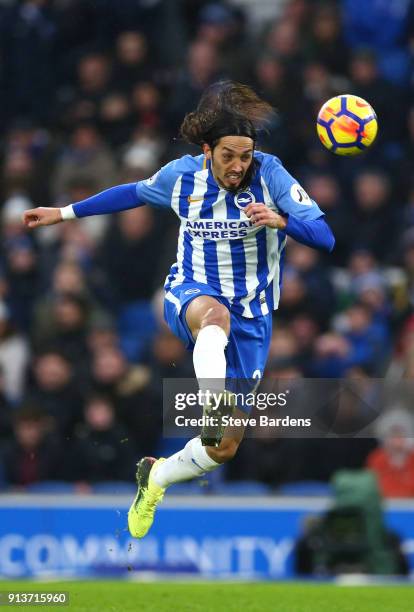 Matias Ezequiel Schelotto of Brighton and Hove Albion jumps for the header during the Premier League match between Brighton and Hove Albion and West...