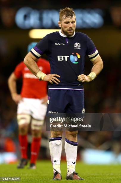 John Barclay of Scotland looks dejected following the Natwest Six Nations round One match between Wales and Scotland at Principality Stadium on...