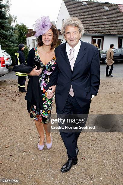 Alexander Elbertzhagen and guest arrive for the church wedding of Barbara Schoeneberger and Maximilian von Schierstaedt at the church of Rambow on...