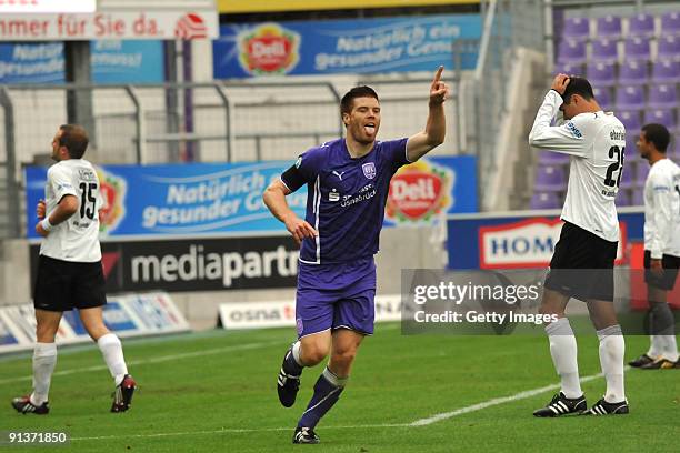 Niels Hansen of Osnabrueck celebrates his team's goal during the Third Liga match between VfL Osnabrueck and SV Sandhausen at the Osnatel Arena on...