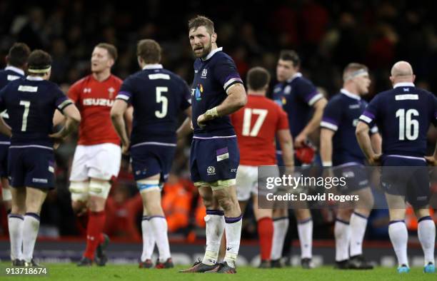 John Barclay of Scotland looks dejected after the Natwest Six Nations round One match between Wales and Scotland at Principality Stadium on February...