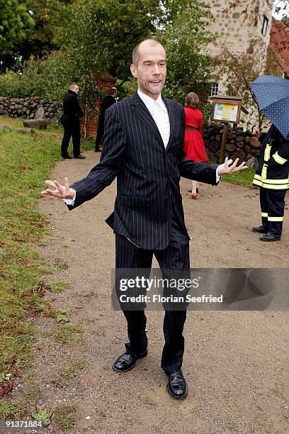 Georg Uecker arrives for the church wedding of Barbara Schoeneberger and Maximilian von Schierstaedt at the church of Rambow on October 3, 2009 in...