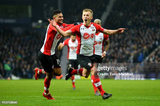 James Ward-Prowse of Southampton celebrates scoring his side's third goal with team mates during the match between West Bromwich Albion and...