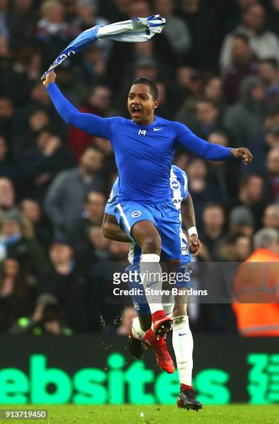 Jose Izquierdo of Brighton and Hove Albion celebrates scoring his side's second goal during the Premier League match between Brighton and Hove Albion...