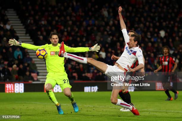 Peter Crouch of Stoke City shoots and misses during the Premier League match between AFC Bournemouth and Stoke City at Vitality Stadium on February...