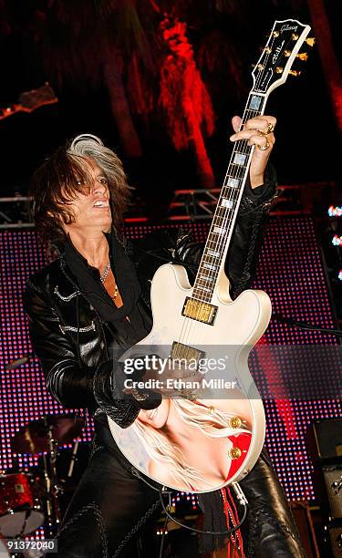 Aerosmith guitarist Joe Perry performs during a concert at the Bare Pool Lounge at The Mirage Hotel & Casino to celebrate the resort's 20th...