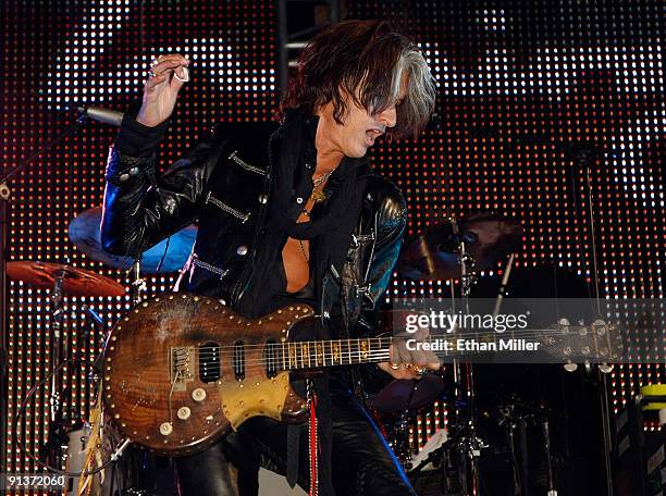 Aerosmith guitarist Joe Perry performs during a concert at the Bare Pool Lounge at The Mirage Hotel & Casino to celebrate the resort's 20th...