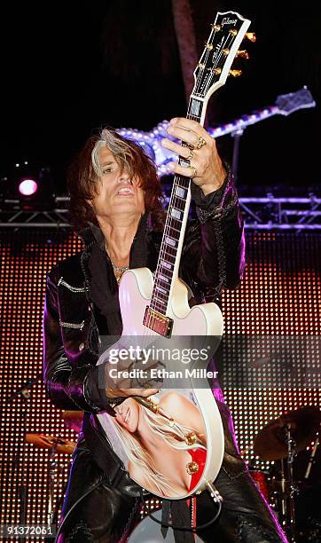 Aerosmith guitarist Joe Perry performs during a concert at the Bare Pool Lounge at The Mirage Hotel & Casino to celebrate the resort's 20th...