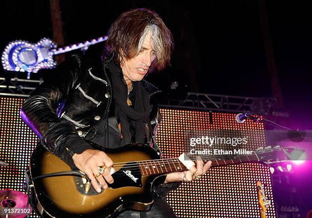 Aerosmith guitarist Joe Perry performs during a concert at the Bare Pool Lounge at The Mirage Hotel & Casino to celebrate the resort's 20th...