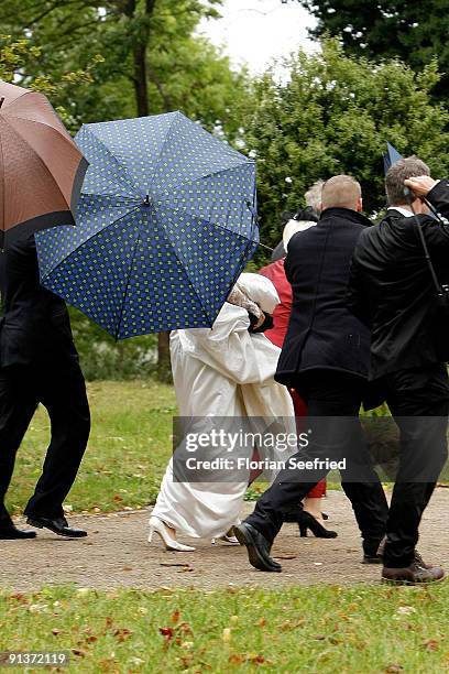 Barbara Schoeneberger arrives for her church wedding witt Maximilian von Schierstaedt at the church of Rambow on October 3, 2009 in Rambow, Germany.