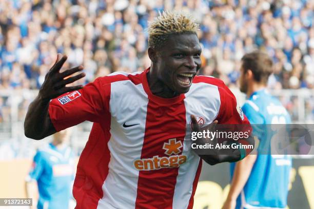 Aristide Bance of Mainz celebrates his team's second goal during the Bundesliga match between FSV Mainz 05 and 1899 Hoffenheim at the Bruchweg...