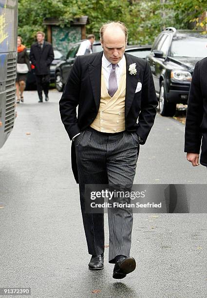 Maximilian von Schierstaedt arrives for his church wedding with Barbara Schoeneberger at the church of Rambow on October 3, 2009 in Rambow, Germany.