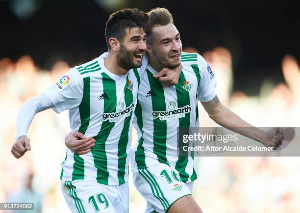 Loren Moron of Real Betis Balompie celebrates after scoring the first goal for Real Betis Balompie with Antonio Barragan of Real Betis Balompie...