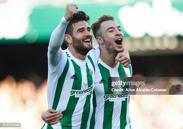 Loren Moron of Real Betis Balompie celebrates after scoring the first goal for Real Betis Balompie with Antonio Barragan of Real Betis Balompie...