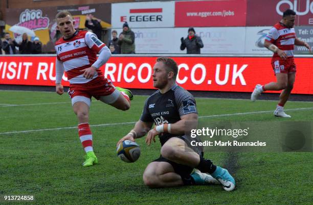 Alex Tait of Newcastle Falcons scores a try in the second half during the Anglo-Welsh Cup match between Newcastle Falcons and Gloucester Rugby at...