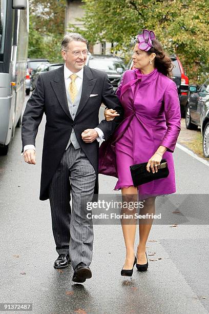Anna von Griesheim and husband Andreas Marx arrive for the church wedding of Barbara Schoeneberger and Maximilian von Schierstaedt at the church of...