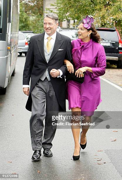 Anna von Griesheim and Andreas Marx arrive for the church wedding of Barbara Schoeneberger and Maximilian von Schierstaedt at the church of Rambow on...