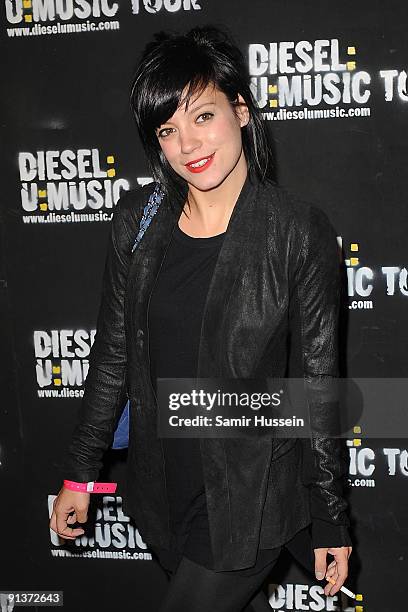 Singer Lily Allen arrives at the Diesel:U:Music World Tour Party held at the University of Westminster on October 1, 2009 in London, England.