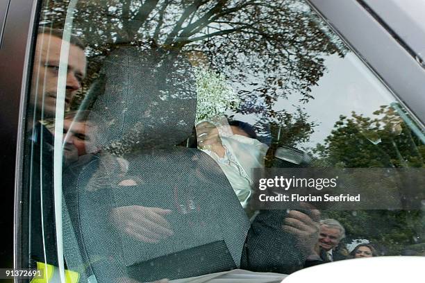 Barbara Schoeneberger leaves her church wedding with Maximilian von Schierstaedt at the church of Rambow on October 3, 2009 in Rambow, Germany.