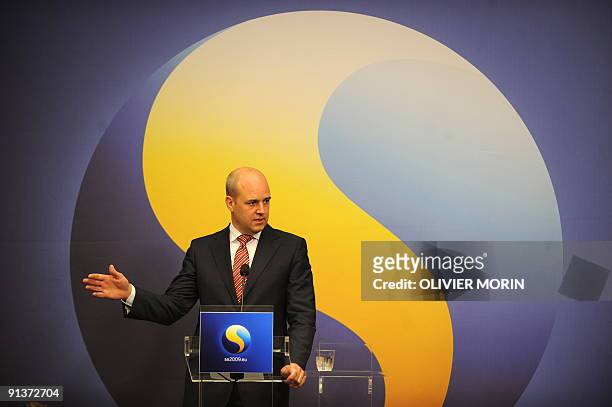 Swedish Prime Minister Frederik Reinfeldt holds a press conference on October 3, 2009 in Stockholm, after Ireland supported the EU bloc's Lisbon...