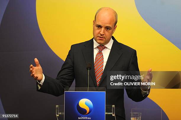 Swedish Prime Minister Frederik Reinfeldt holds a press conference on October 3, 2009 in Stockholm, after Ireland supported the EU bloc's Lisbon...