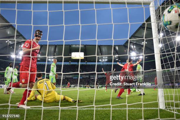 Mario Gomez of Stuttgart scores a goal to make it 1:1 during the Bundesliga match between VfL Wolfsburg and VfB Stuttgart at Volkswagen Arena on...
