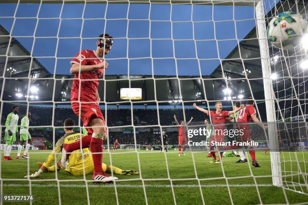 Mario Gomez of Stuttgart scores a goal to make it 1:1 during the Bundesliga match between VfL Wolfsburg and VfB Stuttgart at Volkswagen Arena on...