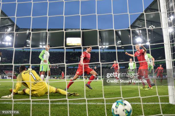 Mario Gomez of Stuttgart scores a goal to make it 1:1 during the Bundesliga match between VfL Wolfsburg and VfB Stuttgart at Volkswagen Arena on...