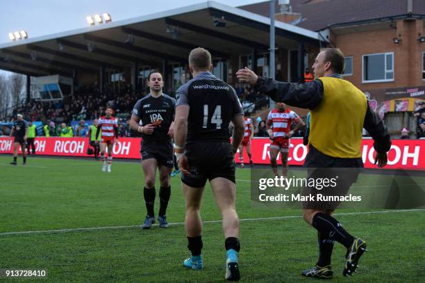 Alex Tait of Newcastle Falcons is congratulated after scoring a try in the second half during the Anglo-Welsh Cup match between Newcastle Falcons and...