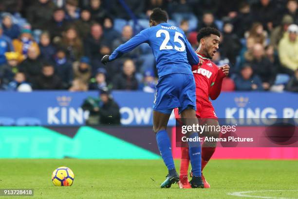 Leroy Fer of Swansea is tackled by Wilfred Ndidi of Leicester City during the Premier League match between Leicester City and Swansea City at the...