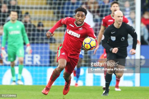 Leroy Fer of Swansea during the Premier League match between Leicester City and Swansea City at the Liberty Stadium on February 3, 2018 in Leicester,...