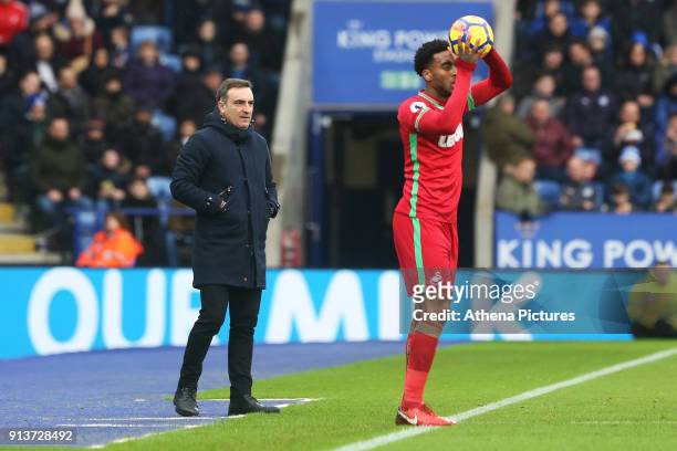 Swansea City manager Carlos Carvalhal watches Leroy Fer of Swansea during the Premier League match between Leicester City and Swansea City at the...