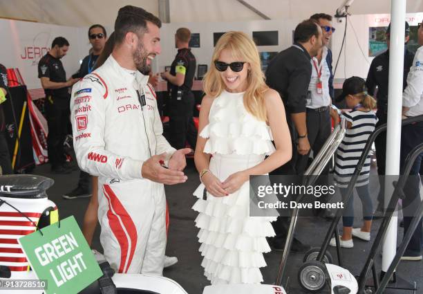 Kylie Minogue meets Formula E racing driver Jose Maria Lopez at the ABB FIA Formula E Antofagasta Minerals Santiago E-Prix on February 3, 2018 in...