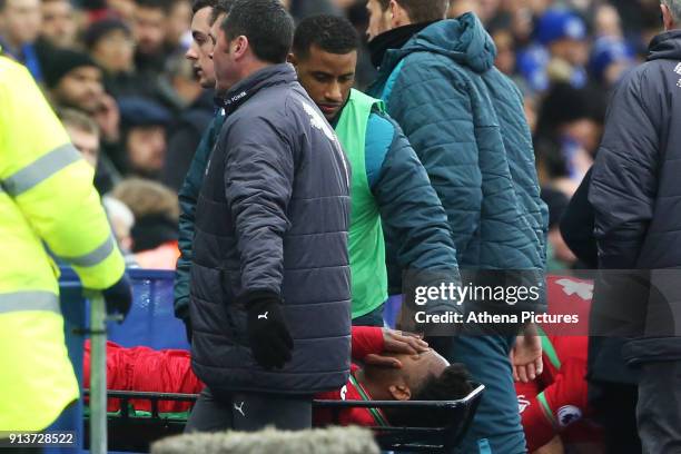 Leroy Fer of Swansea is stretchered off after injuring his ankle during the Premier League match between Leicester City and Swansea City at the...