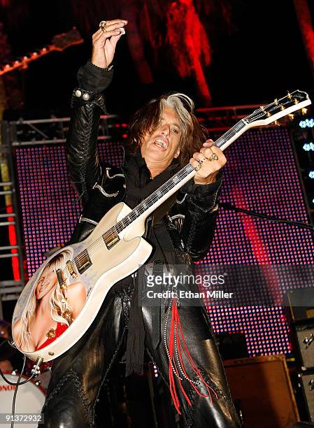 Aerosmith guitarist Joe Perry performs during a concert at the Bare Pool Lounge at The Mirage Hotel & Casino to celebrate the resort's 20th...