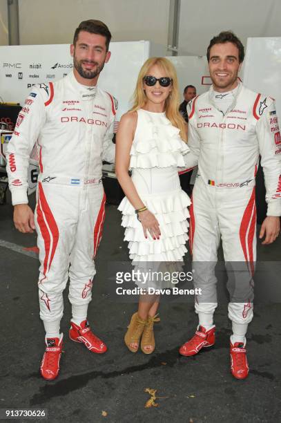 Kylie Minogue meets Formula E racing drivers Jose Maria Lopez and Jerome D'Ambrosio at the ABB FIA Formula E Antofagasta Minerals Santiago E-Prix on...