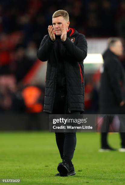 Eddie Howe, Manager of AFC Bournemouth shows appreciation to the fans during the Premier League match between AFC Bournemouth and Stoke City at...