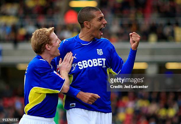 Cardiff City's Jay Bothroyd celebrates scoring the fourth goal with team mate Chris Burke during the Watford v Cardiff City Coca Cola Championship...