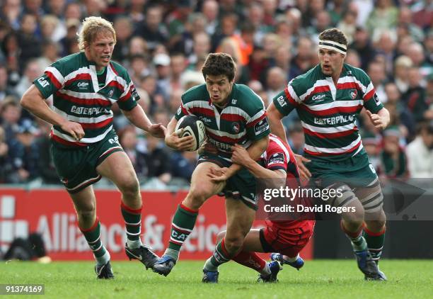 Anthony Allen of Leicester is tackled during the Guinness Premiership match between Leicester Tigers and Worcester Warriors at Welford Road on...