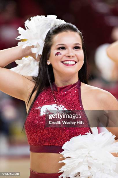Pom Squad member of the Arkansas Razorbacks performs during a game against the Oklahoma State Cowboys at Bud Walton Arena on January 27, 2018 in...