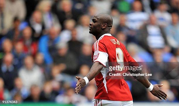 Leroy Lita of Middlesbrough celebrates scoring their second goal during the Coca-Cola Championship match between Reading and Middlesbrough at the...