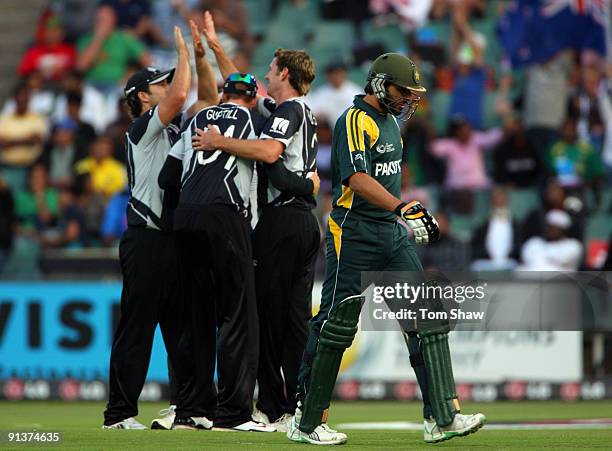 Shahid Afridi of Pakistan walks off after his dismissal during the ICC Champions Trophy 2nd Semi Final match between New Zealand and Pakistan played...