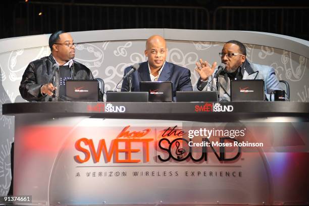 Judges Kurt Carr, James Fortune and Marvin Sapp attend the Verizon Wireless How Sweet the Sound event at Philips Arena on October 2, 2009 in Atlanta,...