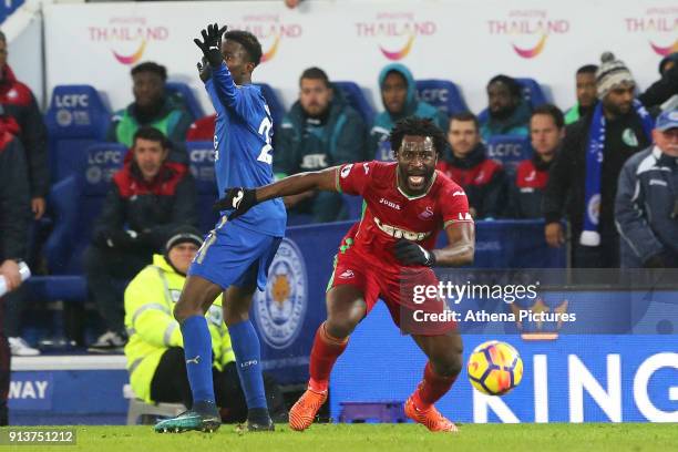 Wilfried Bony of Swansea chases the loose ball during the Premier League match between Leicester City and Swansea City at the Liberty Stadium on...